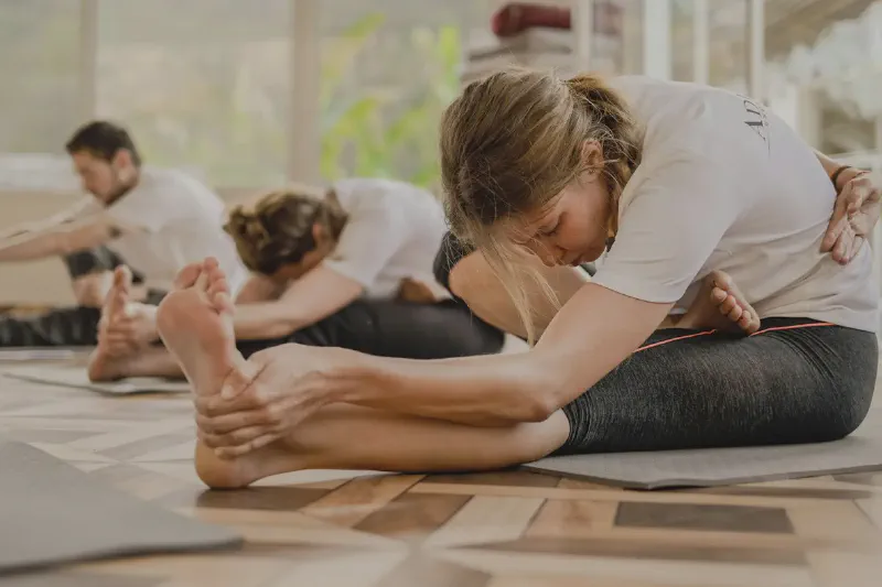Three yoga mat styles arranged in a small home practice space: a thick cushioned mat, a non-slip alignment mat and a folded travel mat
