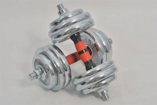 Chrome plate-loaded dumbbells with threaded collars and a red connector