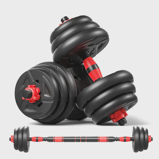 Black vinyl adjustable dumbbells with red collars and a connecting bar