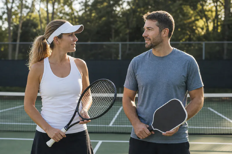 Two recreational players comparing a tennis racket and a pickleball paddle on an outdoor court