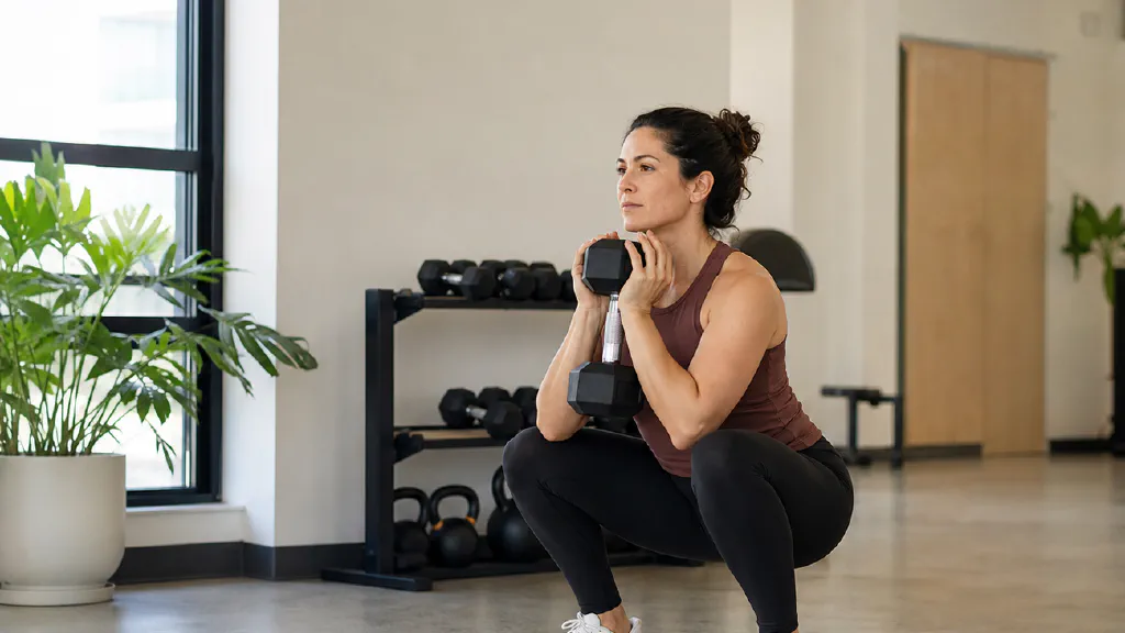 An adult using dumbbells in a bright, compact training space
