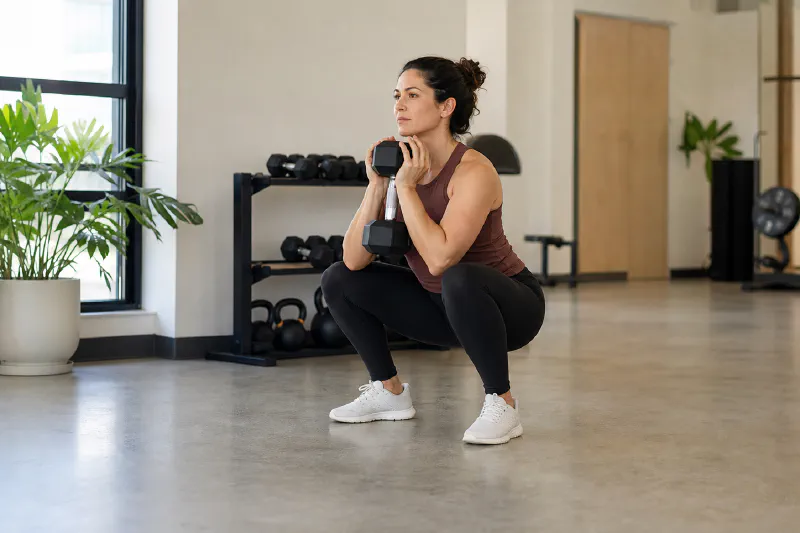 An adult using dumbbells in a bright, compact training space
